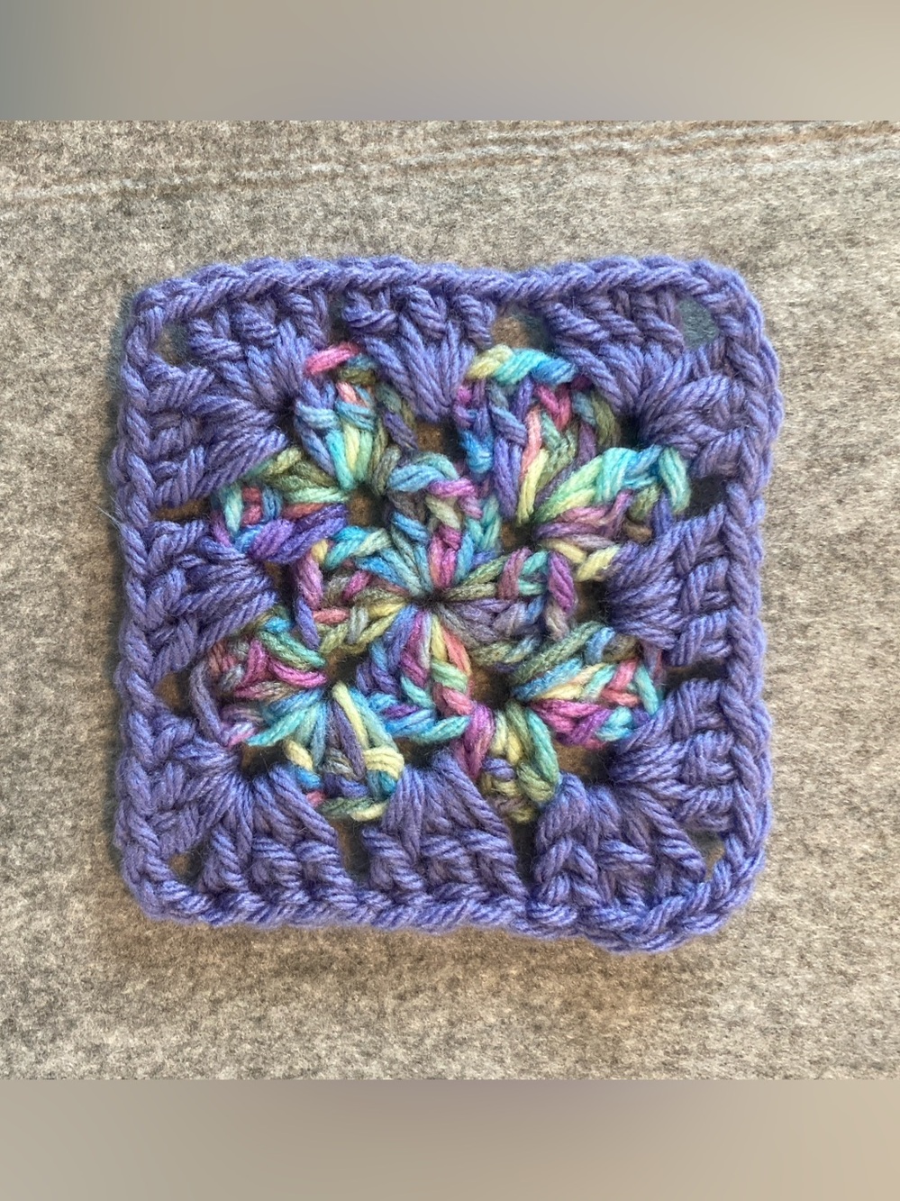 Handmade Crochet Granny Square - Purple with Multicolor Center